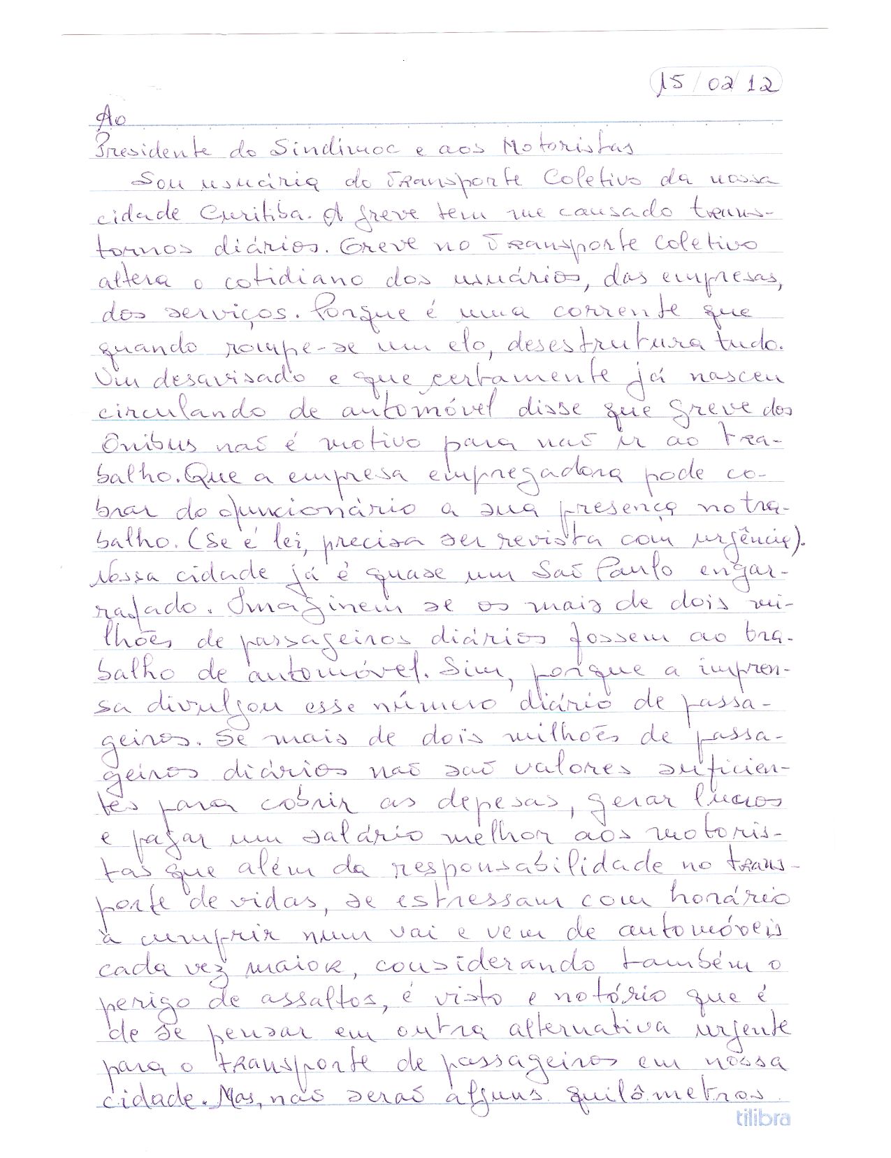 Carta de uma Usuária do Transporte Coletivo frente a greve dos Motoristas e Cobradores