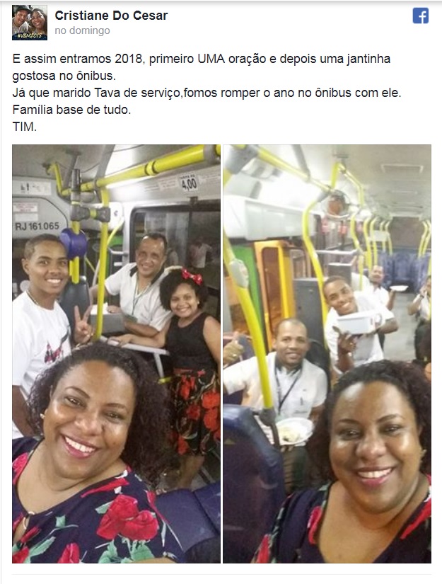 Família de cobrador de ônibus em serviço comemora Réveillon dentro de coletivo