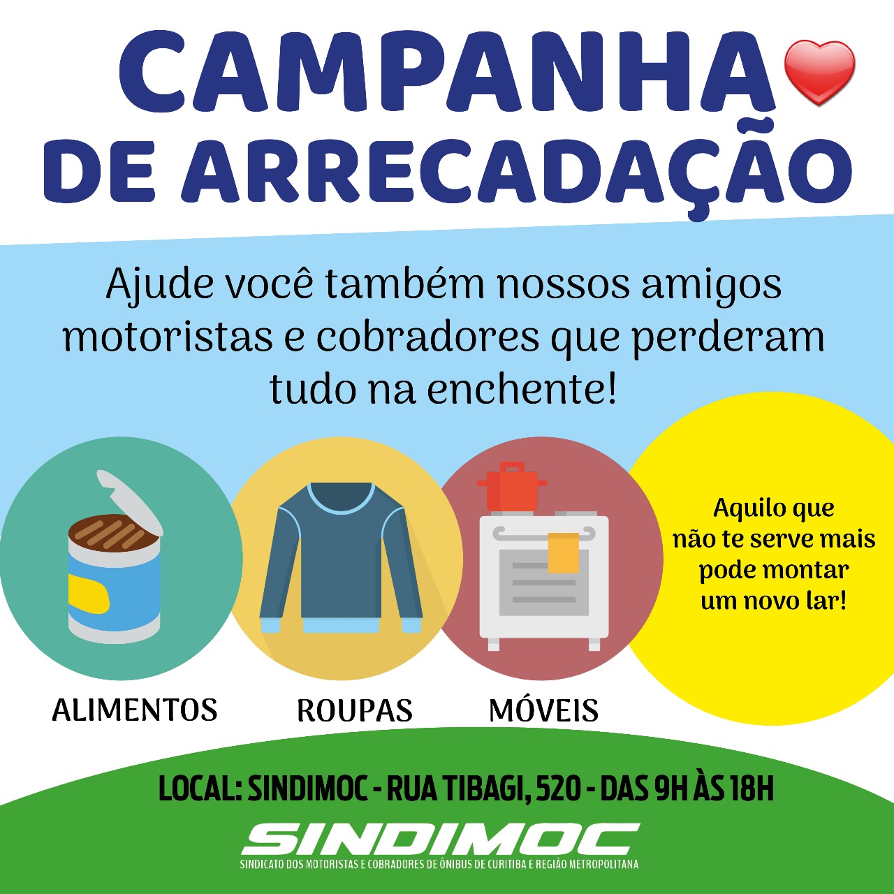 Campanha do Sindimoc para arrecadar itens domésticos aos trabalhadores atingidos pela enchente