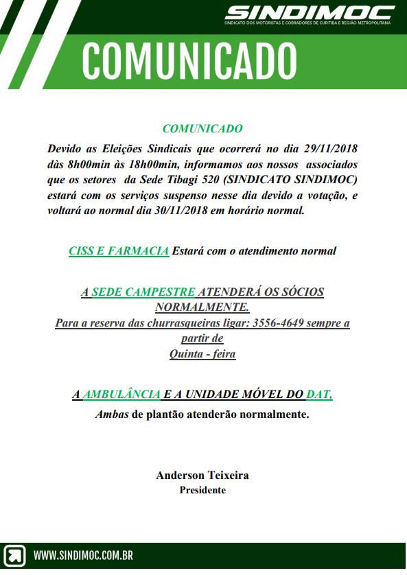 Funcionamento perante Eleições Sindimoc