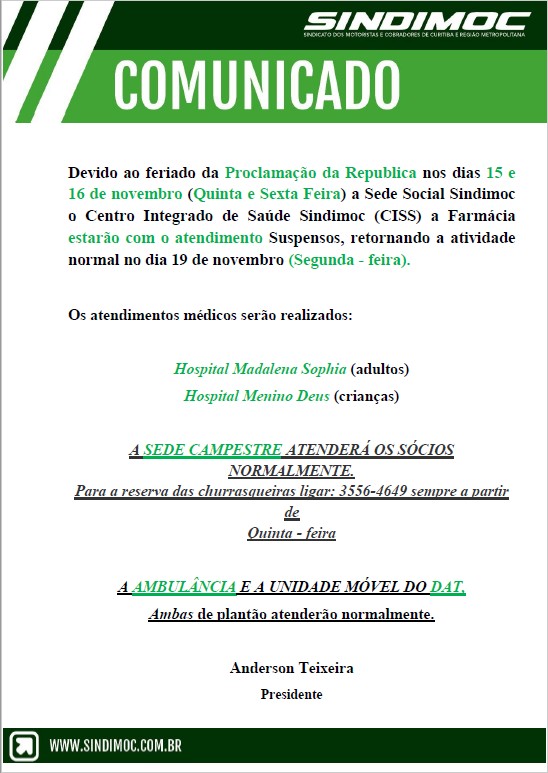 Funcionamento do Sindicato no feriado de 15 de novembro