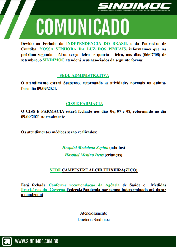 Funcionamento Sindimoc no Feriado de 7 de Setembro