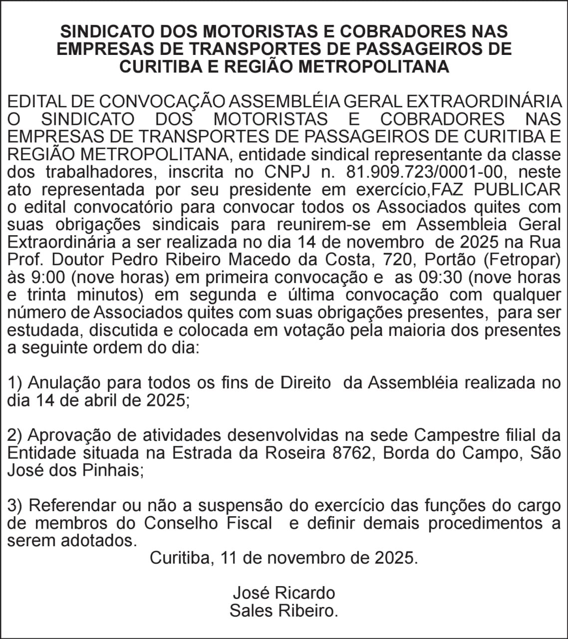 EDITAL DE CONVOCAÇÃO ASSEMBLÉIA GERAL EXTRAORDINARIA.
