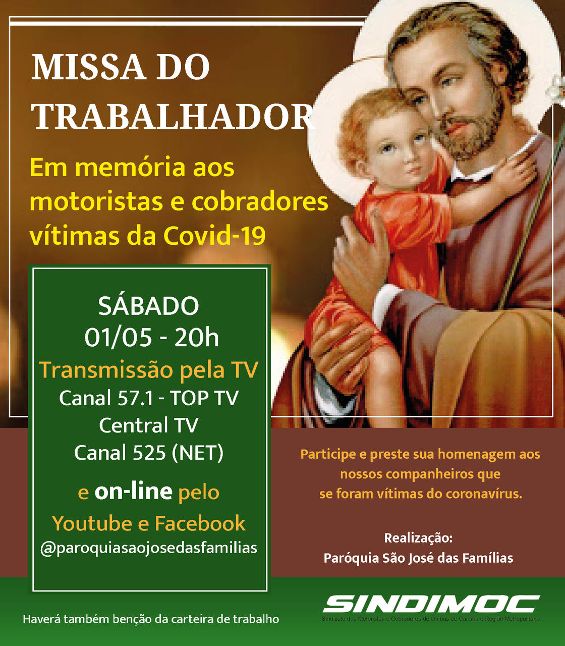 Sindimoc convida a categoria a participar da missa on-line do Dia do Trabalhador