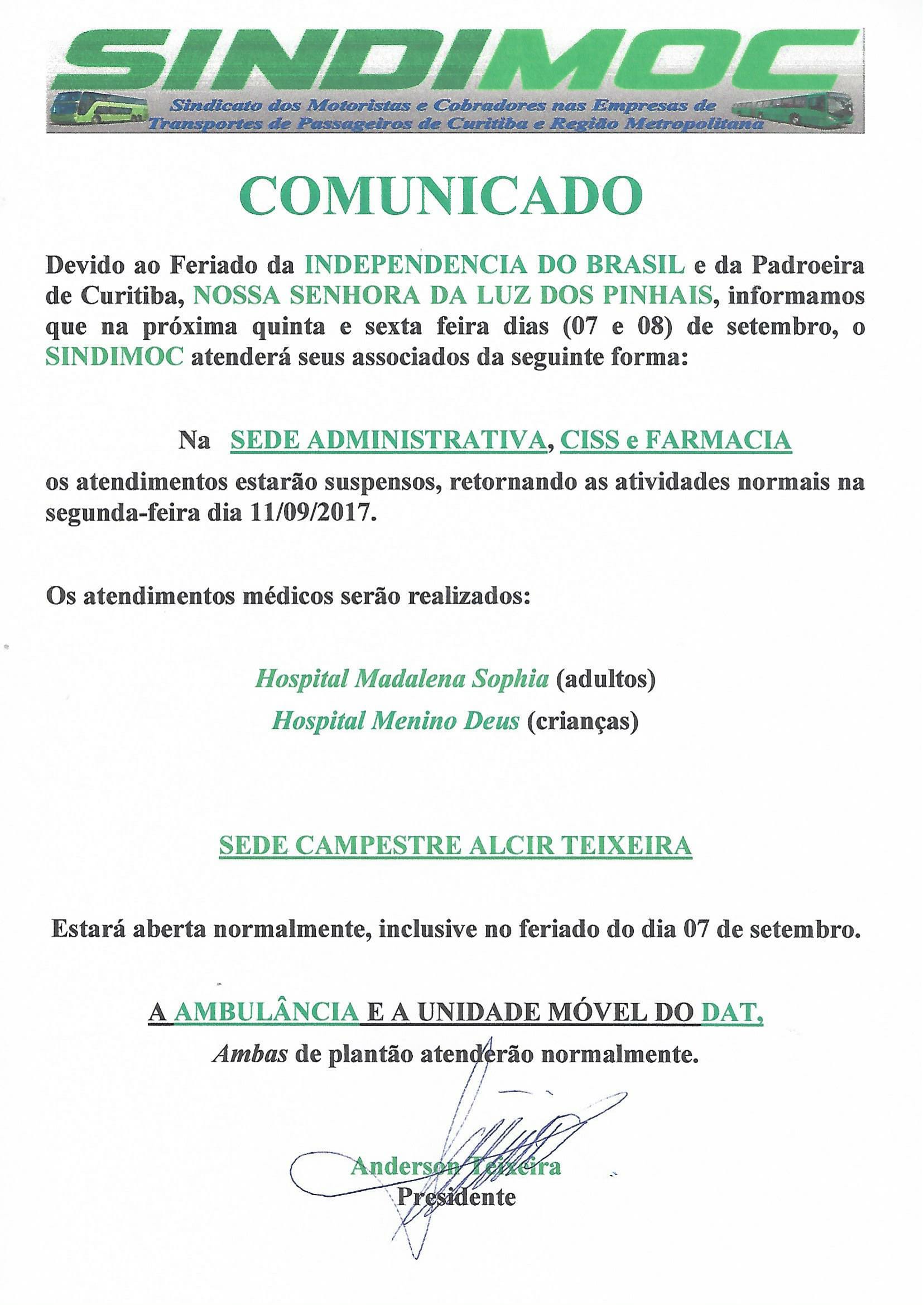 Comunicado funcionamento no feriado 