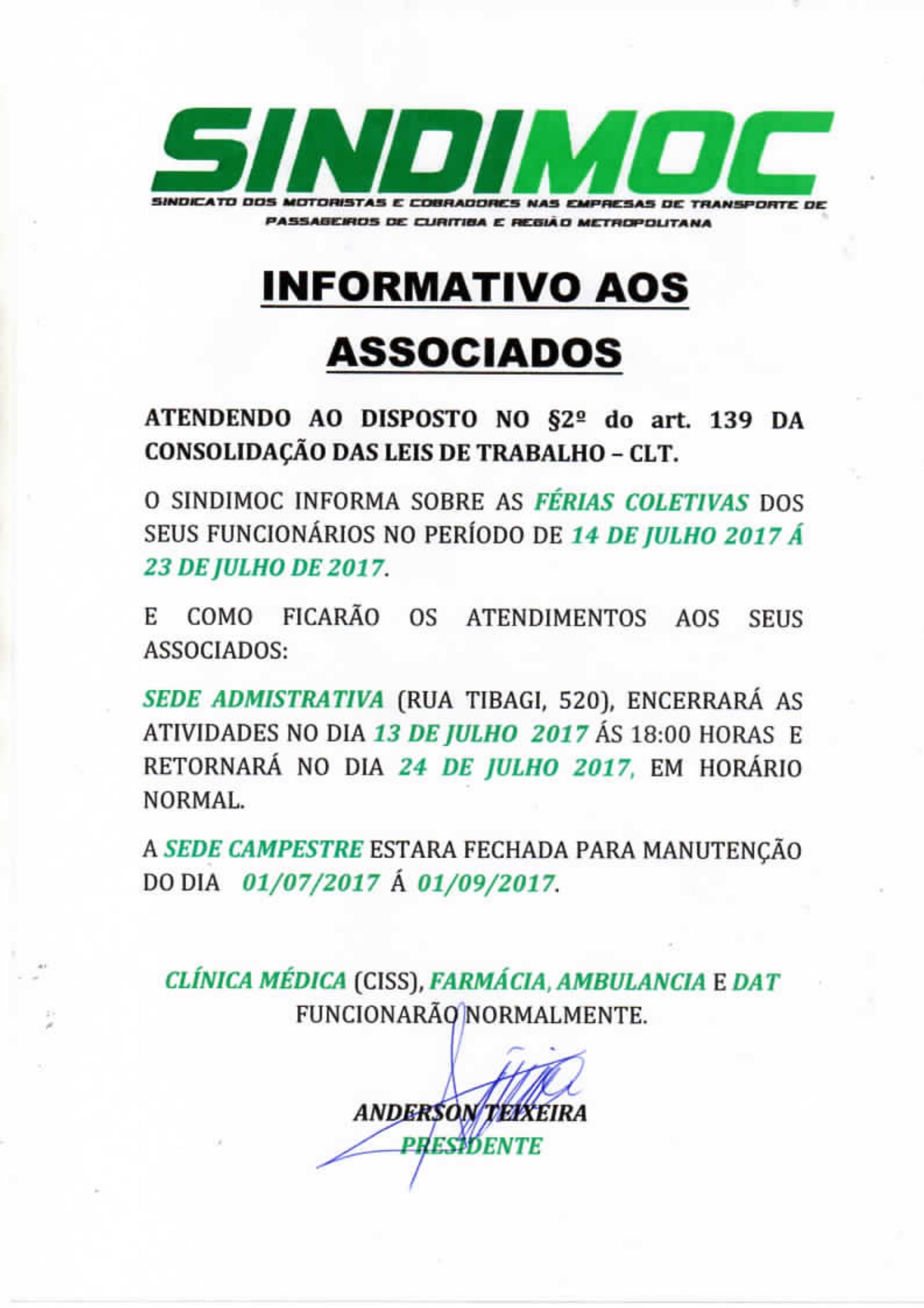 Férias coletiva Sindimoc