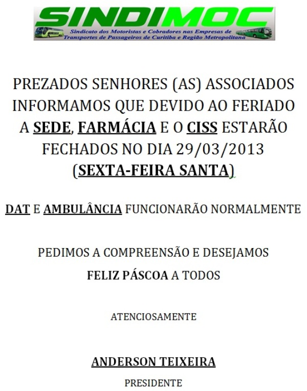 SINDIMOC comunica os seus associados