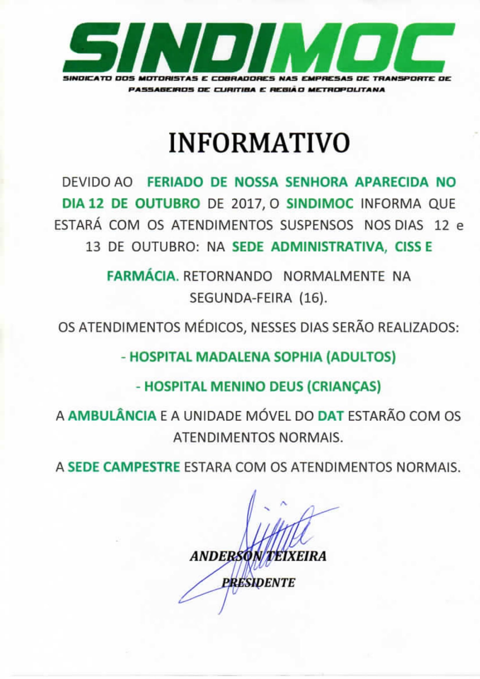 Funcionamento no feriado 