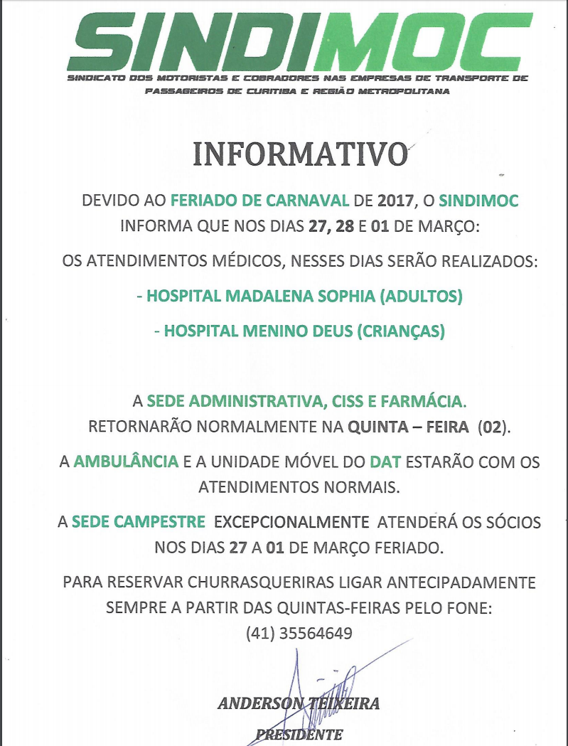 Sindimoc informa: atendimento no Feriado de Carnaval 